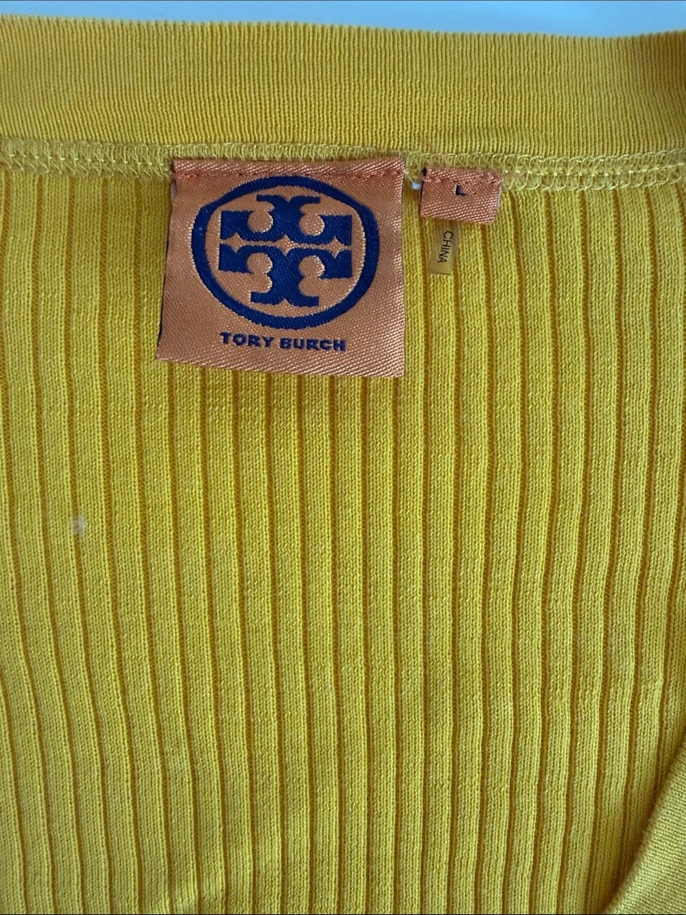 Tory Burch Yellow Ribbed V-Neck Button Cardigan